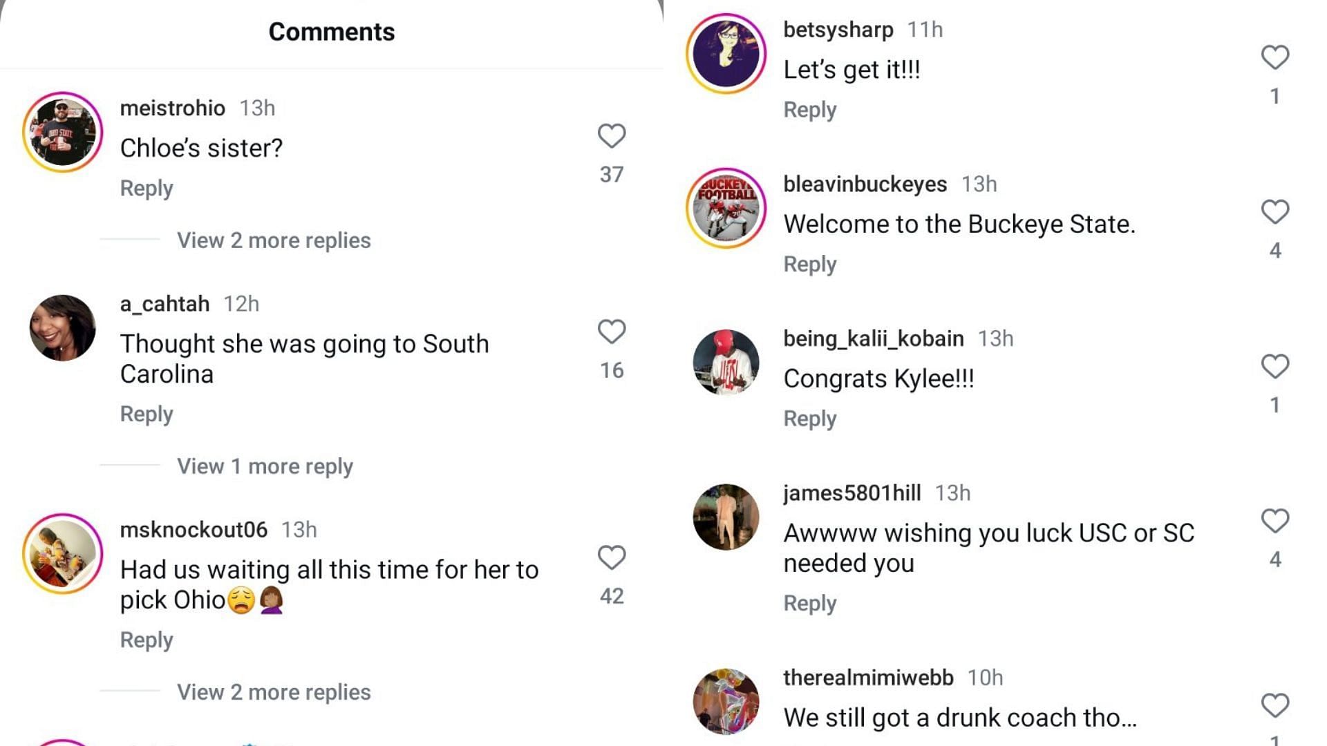 Fans reacted to Ohio State's post announcing Kylee Kitts' move to the Buckeyes. Source: Instagram/@ohiostatewbb